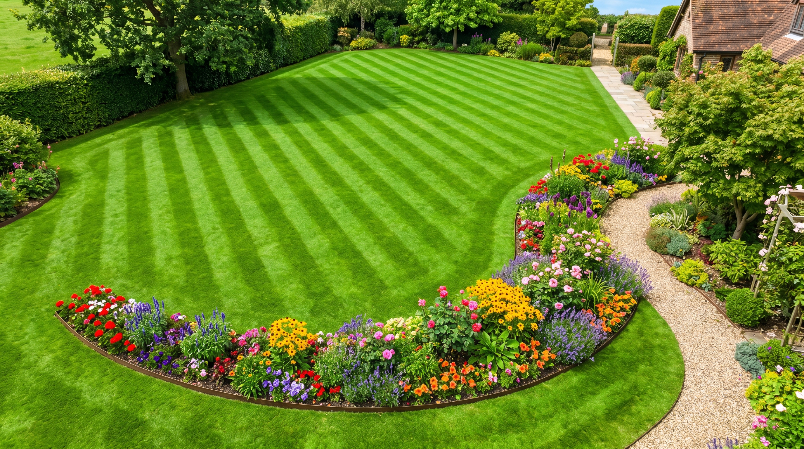 Vivid aerial view of a freshly striped emerald lawn
