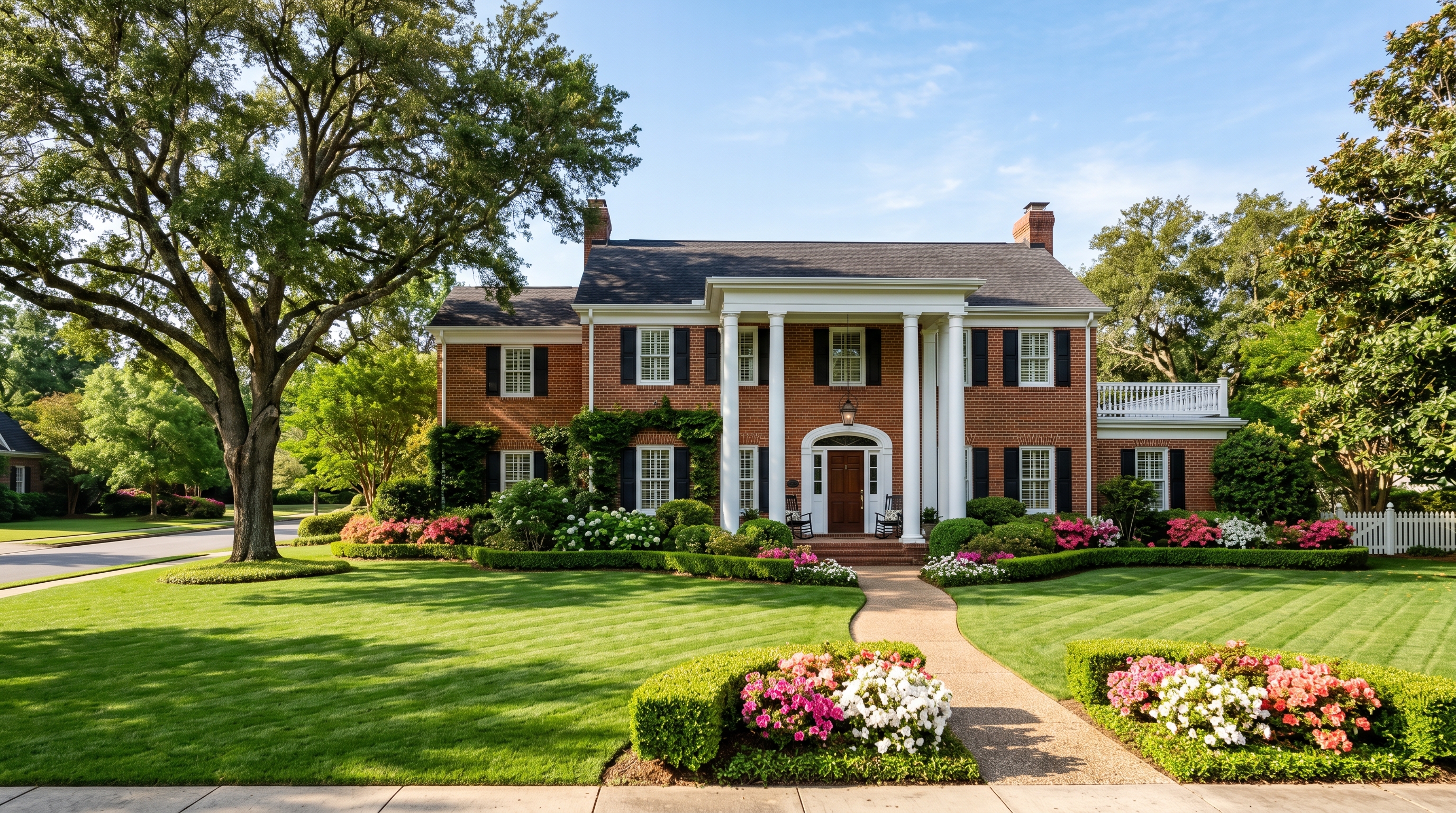 Traditional brick Southern home with a pristine green lawn