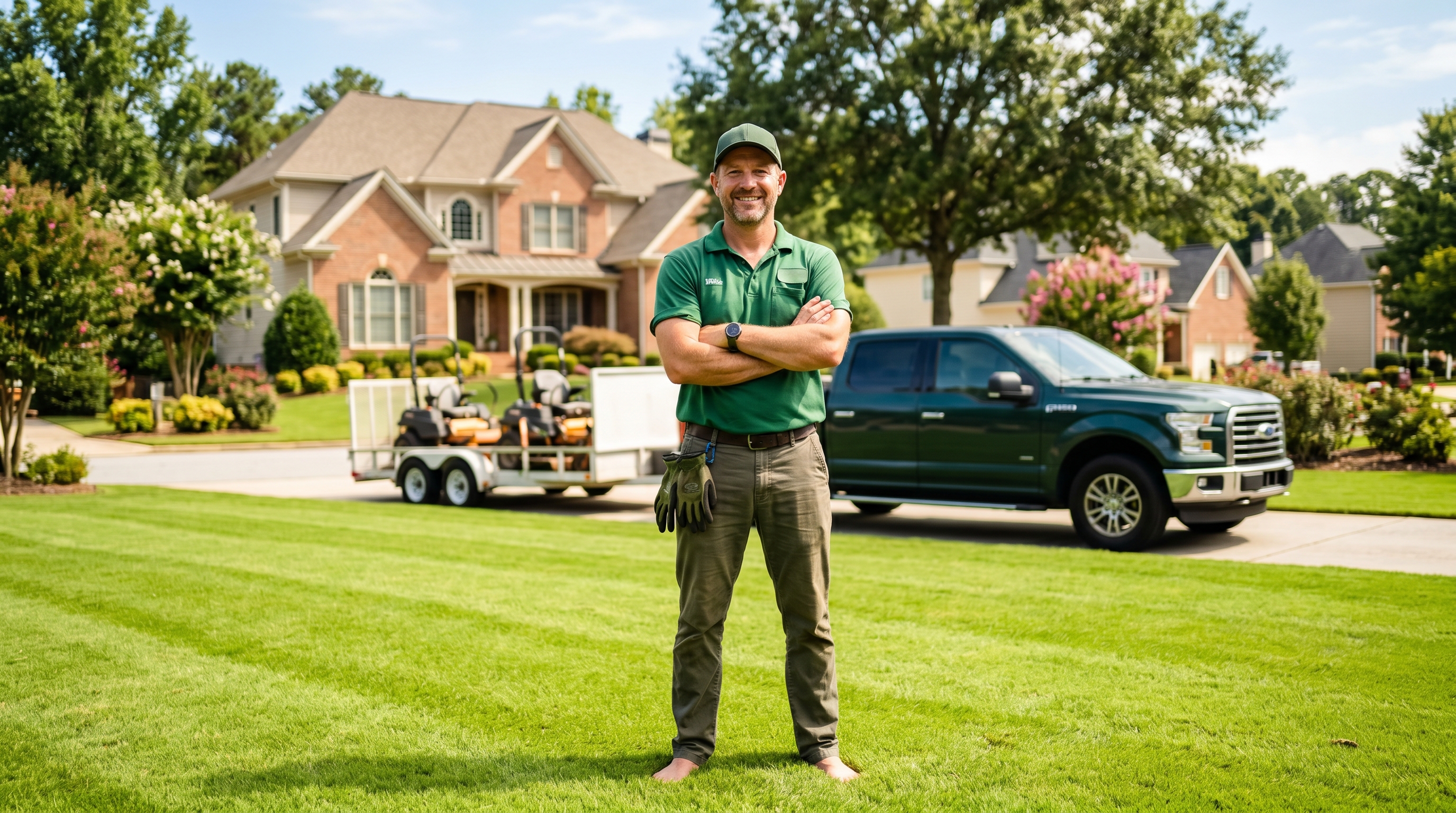 Smiling local landscaper beside a green company truck