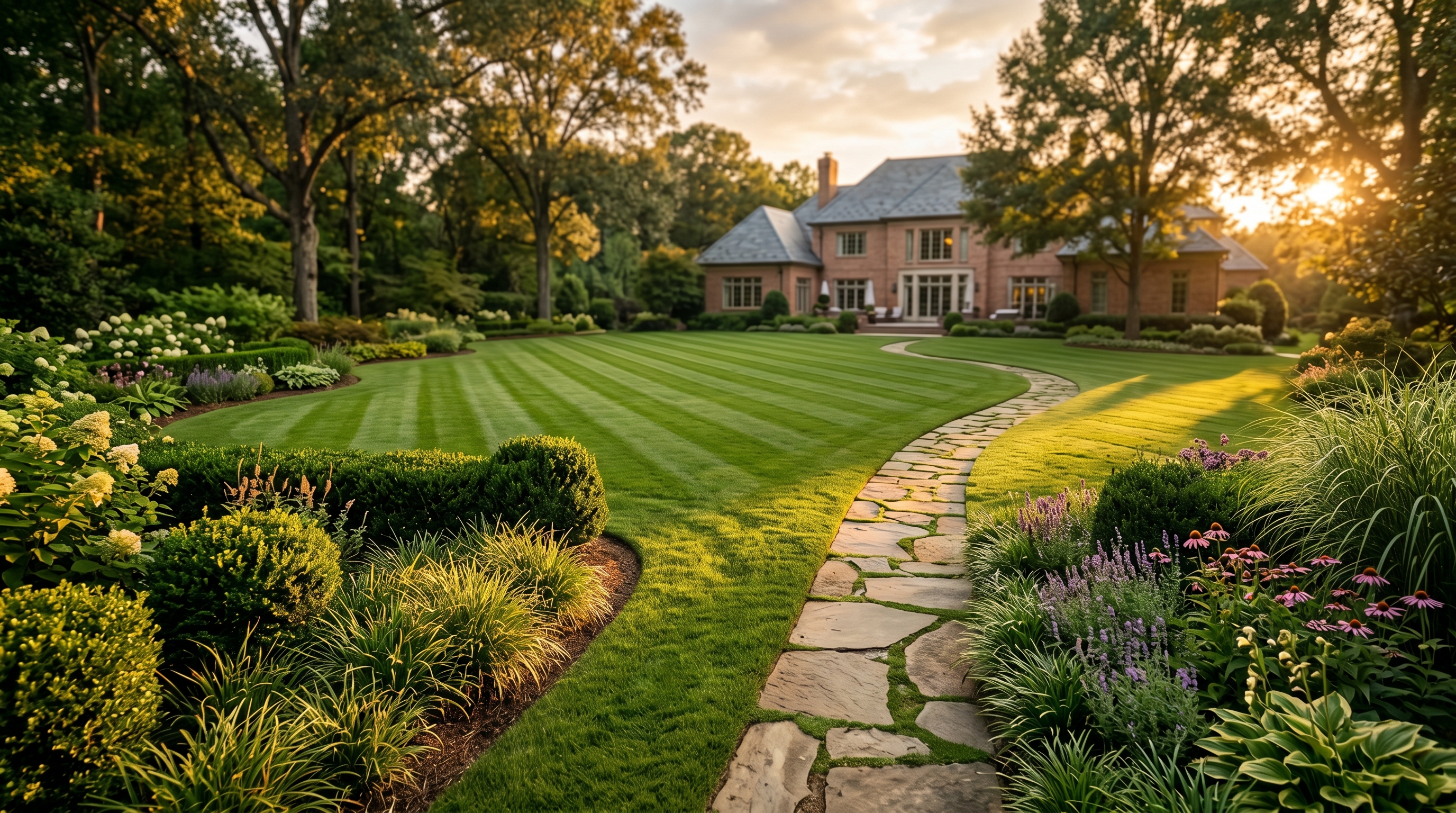 Luxury manicured estate lawn at golden hour