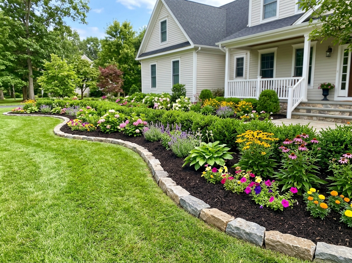 Freshly designed garden beds with new plantings and clean stone edging