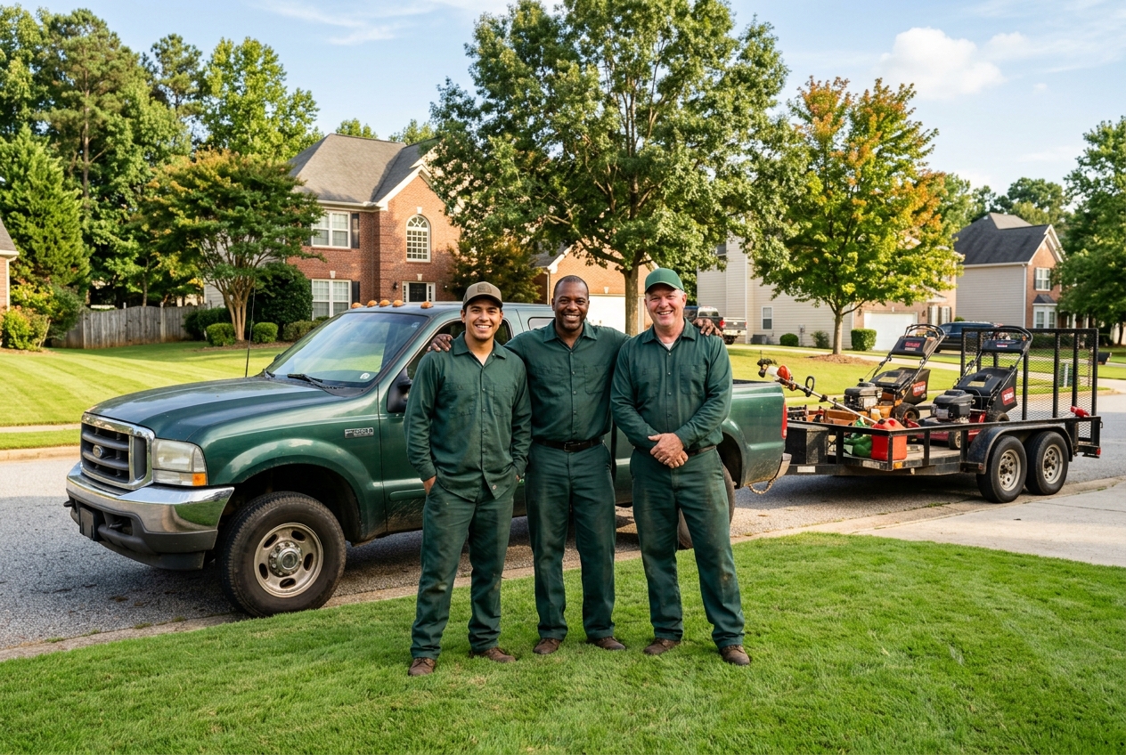 The friendly, family-owned Athens Landscaping team smiling together outdoors